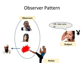 Observer Pattern
Observers
Subject
Kicker
OK, take care,
sir.
 