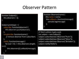 Observer Pattern
function Subject() {
this.observers = [];
}
Subject.prototype = {
subscribe: function(observer) {
this.observers.push(observer);
},
unsubscribe: function(name) {
// remove observer from subscribers
},
notify: function(message) {
for (var i =0; i < this.observers.length;
i++) {
this.observers[i].callback(message);
}
}
};
function Observer(name) {
this.name = name;
this.callback = function(message){
console.log(message)
};
}
// Here's where it gets used.
var subject = new Subject();
subject.subscribe(new Observer("Putin"));
subject.subscribe(new Observer("Mary"));
subject.subscribe(new Observer("Binladen"));
subject.notify('Hello!');
 