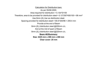 Calculation for Distribution bars: 
As per IS456:2000; 
Area required for distribution = 0.12b*D/100 
Therefore, area to be provided for distribution steel = 0.12*200*400/100 = 96 mm2 
Use 8mm (2L) bar as distribution steel. 
Spacing provided for distribution steel= 100.5*200/96 = 209.4 mm 
Provide at the end of Beam 
8mm (2L) distribution steel @200mm c/c. 
And at the mid of spam of Beam 
8mm (2L) distribution steel @220mm c/c. 
Beam 463Summary: 
Size: 4225 mm x 300 mm x 400 mm 
Clear cover: 25 mm 
 