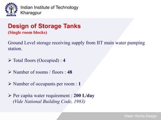 Indian Institute of Technology 
Kharagpur 
Water Works Design 
Design of Storage Tanks 
(Single room blocks) 
Ground Level storage receiving supply from IIT main water pumping 
station. 
 Total floors (Occupied) : 4 
 Number of rooms / floors : 48 
 Number of occupants per room : 1 
 Per capita water requirement : 200 L/day 
(Vide National Building Code, 1983) 
 