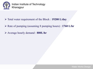 Indian Institute of Technology 
Kharagpur 
Water Works Design 
 Total water requirement of the Block : 19200 L/day 
 Rate of pumping (assuming 8 pumping hours) : 1760 L/hr 
 Average hourly demand : 800L/hr 
 