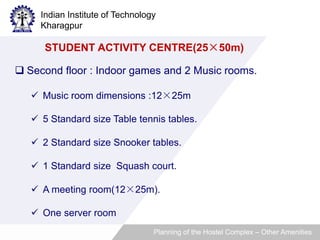 Indian Institute of Technology 
Kharagpur 
STUDENT ACTIVITY CENTRE(25×50m) 
 Second floor : Indoor games and 2 Music rooms. 
 Music room dimensions :12×25m 
 5 Standard size Table tennis tables. 
 2 Standard size Snooker tables. 
 1 Standard size Squash court. 
 A meeting room(12×25m). 
 One server room 
Planning of the Hostel Complex – Other Amenities 
 