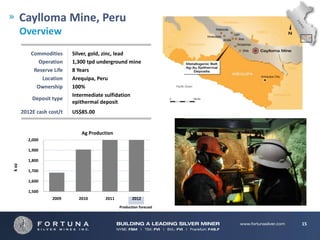 Caylloma Mine, Peru
       Overview
           Commodities     Silver, gold, zinc, lead
             Operation     1,300 tpd underground mine
            Reserve Life   8 Years
               Location    Arequipa, Peru
             Ownership     100%
                           Intermediate sulfidation
           Deposit type
                           epithermal deposit
       2012E cash cost/t   US$85.00


                              Ag Production
          2,000

          1,900

          1,800
k oz




          1,700

          1,600

          1,500
                   2009      2010      2011          2012
                                              Production forecast



                                                                    15
 