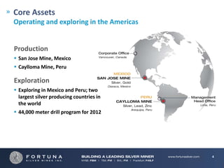 Core Assets
Operating and exploring in the Americas


Production
 San Jose Mine, Mexico
 Caylloma Mine, Peru

Exploration
 Exploring in Mexico and Peru; two
  largest silver producing countries in
  the world
 44,000 meter drill program for 2012




                                          4
 