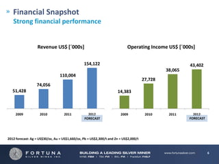 Financial Snapshot
   Strong financial performance


                  Revenue US$ [´000s]                                      Operating Income US$ [´000s]


                                                154,122                                                 43,402
                                                                                               38,065
                                 110,004
                                                                                      27,728
                  74,056
   51,428                                                            14,383



     2009           2010           2011           2012                 2009            2010     2011      2012
                                                FORECAST                                                FORECAST




2012 forecast: Ag = US$30/oz, Au = US$1,660/oz, Pb = US$2,300/t and Zn = US$2,000/t


                                                                                                                   6
 