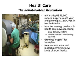 Health CareThe Robot-Biotech RevolutionIn Canada/US 75,000 robotic surgeries each year and growing at 12% CAGR in North America Nanotechnology products in health care now appearing:Drug delivery systemInner nano-bots monitoring systemsGrowing “organs” for transplantNew neuroscience and biotech permitting new kinds of proesthetics