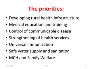 The priorities:
• Developing rural health infrastructure
• Medical education and training
• Control of communicable disease
• Strengthening of health services.
• Universal immunization
• Safe water supply and sanitation
• MCH and Family Welfare
5511/10/2018 ANAND
 