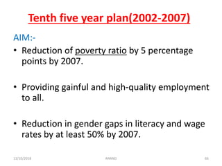 Tenth five year plan(2002-2007)
AIM:-
• Reduction of poverty ratio by 5 percentage
points by 2007.
• Providing gainful and high-quality employment
to all.
• Reduction in gender gaps in literacy and wage
rates by at least 50% by 2007.
6611/10/2018 ANAND
 