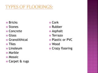  Bricks
 Stones
 Concrete
 Glass
 Granolithical
 Tiles
 Linoleum
 Marble
 Mosaic
 Carpet & rugs
 Cork
 Rubber
 Asphalt
 Terrazo
 Plastic or PVC
 Wood
 Crazy flooring
 