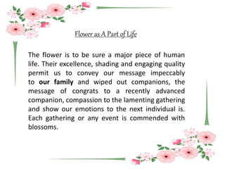 Flower as A Part of Life
The flower is to be sure a major piece of human
life. Their excellence, shading and engaging quality
permit us to convey our message impeccably
to our family and wiped out companions, the
message of congrats to a recently advanced
companion, compassion to the lamenting gathering
and show our emotions to the next individual is.
Each gathering or any event is commended with
blossoms.
 