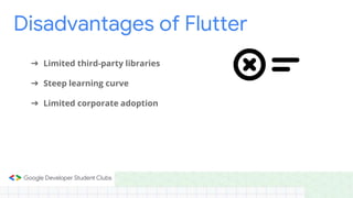 Disadvantages of Flutter
➔ Limited third-party libraries
➔ Steep learning curve
➔ Limited corporate adoption
 