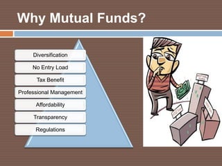 Why Mutual Funds?
Diversification

No Entry Load
Tax Benefit
Professional Management
Affordability
Transparency
Regulations

 