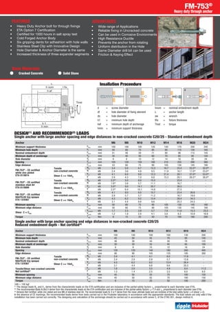 Insallation Proceedure
FM-753®
Heavy duty through anchor
Anchor M6 M8 M10 M12 M14 M16 M20 M24
Minimum support thickness hmin mm 100 100 100 120 140 170 200 240
Minimum hole depth h1 mm 50 60 70 85 95 115 130 165
Nominal embedment depth hnom mm 41 48 59 71 80 96 115 145
Minimum depth of anchorage hef mm 35 40 50 60 70 85 95 120
Hole diameter d0 mm 6 8 10 12 14 16 20 24
Spacing Scr,N mm 105 120 150 180 210 255 290 360
Edge distance Ccr,N mm 53 60 75 90 105 130 145 180
FM-753®
- CE certified
white zinc plated
ETA 01/0014
Tensile
non-cracked concrete
Nrd kN 3.4 5.0 6.7 13.3 16.7 23.4 23.5(3)
32.0(3)
N kN 2.4 3.6 4.8 9.5 11.9 16.7 17.0(3)
23.0(3)
Shear C >= 10xhef
Vrd kN 4.1 6.0 9.8 12.3 21.4 28.1 37.0(3)
53.0(3)
V kN 2.9 4.3 7.0 8.8 15.3 20.1 26.5(3)
38.0(3)
FM-753®
- CE certified
stainless steel A4
ETA 01/0009
Tensile
non-cracked concrete
Nrd kN 2.2(3)
5.0 8.0 15.5 - 23.4 - -
N kN 1.6(3)
3.6 5.7 11.1 - 16.7 - -
Shear C >= 10xhef
Vrd kN 3.5(3)
9.0 14.1 20.7 - 38.5 - -
V kN 2.5(3)
6.4 10.1 14.8 - 27.5 - -
FM-753®
- CE certified
NAUTILUS hrg opaque
ETA 13/0367
Tensile
non-cracked concrete
Nrd kN 4.1 8.0 8.0 15.7 - 23.4 26.6 -
N kN 2.9 5.7 5.7 11.2 - 16.7 19.0 -
Shear C >= 10xhef
Vrd kN 4.3 6.2 9.2 13.4 - 28.4 34.3 -
V kN 3.1 4.4 6.6 9.6 - 20.3 24.5 -
Minimum spacing Smin mm 50 60 75 90 105 130 145 180
Minimum edge distance Cmin mm 50 60 75 90 105 130 145 180
Shear C = Cmin
Vrd,cmin kN 1.7 2.5 3.9 5.7 7.8 11.6 15.3 23.2
Vcmin kN 1.2 1.8 2.8 4.1 5.6 8.3 10.9 16.6
Torque Tinst Nm 6 15 25 50 70 100 160 200
DESIGN(1)
AND RECOMMENDED(2)
LOADS
Single anchor with large anchor spacing and edge distances in non-cracked concrete C20/25 - Standard embedment depth
Single anchor with large anchor spacing and edge distances in non-cracked concrete C20/25
Reduced embedment depth - Not certified(4)
Anchor M6 M8 M10 M12 M16 M24
Minimum support thickness hmin mm 100 100 100 100 130 200
Minimum hole depth h1 mm 45 50 55 70 95 145
Nominal embedment depth hnom mm 36 38 44 56 76 125
Minimum depth of anchorage hef mm 30 30 35 45 65 100
Hole diameter d0 mm 6 8 10 12 16 24
Spacing Scr,N mm 120 120 140 180 260 400
Edge distance Ccr,N mm 90 90 105 135 195 300
FM-753®
- CE certified
NAUTILUS hrg opaque
ETA 13/0367
Tensile
non-cracked concrete
Nrd kN 3.4 4.1 4.1 8.0 17.6 -
N kN 2.4 2.9 2.9 5.7 12.6 -
Shear C >= 10xhef
Vrd kN 4.3 6.2 9.2 13.4 28.4 -
V kN 3.1 4.4 6.6 9.6 20.3 -
Tensile/Shear non-cracked concrete
Not certified(3)
Frd kN 1.8 2.0 3.5 4.9 8.4 11.2
F kN 1.3 1.4 2.5 3.5 6.0 8.0
Minimum spacing Smin mm 45 50 55 70 100 150
Minimum edge distance Cmin mm 45 50 55 70 100 150
Torque Tinst Nm 6 15 25 50 100 200
1kN = 100 kgf
(1)
The design loads Nrd
and Vrd
derive from the characteristic loads on the ETA certification and are inclusive of the partial safety factors gm
proportional to each diameter (see ETA).
(2)
The recommended loads N and V derive from the characteristic loads on the ETA certification and are inclusive of the partial safety factors gf
=1.4 and gm
proportional to each diameter (see ETA).
(3)
Versions Not Certified: white zinc plated and size M6 of stainless steel A4. The recommended loads N, V or F derive from the mean ultimate loads and are inclusive of the total safety factor g=4 (shear g=3).
In the absence of CE markings, the recommended loads derive from tests carried out in the Friulsider laboratory in accordance with the appropriate standards. The load values are only valid if the
installation has been carried out correctly. The designing and calculation of the anchorage should be carried out in accordance with annex C, of the ETAG 001, design method A.
d	 =	 screw diameter
df	 =	 hole diameter of fixing element
do	 =	 hole diameter
h1	 =	 minimum hole depth
hef	 =	 minimum depth of anchorage
hmin	 =	 minimum support thickness
hnom	 =	 nominal embedment depth
L	 =	 anchor length
sw	 =	wrench
tfix	 =	 fixture thickness
Tinst	=	 torque
•	 Heavy Duty Anchor bolt for through fixings
•	 ETA Option 7 Certification
•	 Certified for 1000 hours in salt spray test
•	 Cold Forged Anchor Body
•	 Six gripping dents for adheshion with hole walls
•	 Stainless Steel Clip with Innovative Design
•	 Hole Diamater & Anchor Diameter is the same
•	 Increased thickness of three expander segments
FEATURES
•	 Wide range of Applications
•	 Reliable fixing in Uncracked concrete
•	 Can be used in Corrosive Environments
•	 High Resistance Ductile
•	 Prevents the anchor from rotating
•	 Uniform distribution in the Hole
•	 Same Diameter drill bit can be used
•	 Friction & Keying Effect
ADVANTAGES
Base Materials
Cracked Concrete Solid Stone
 