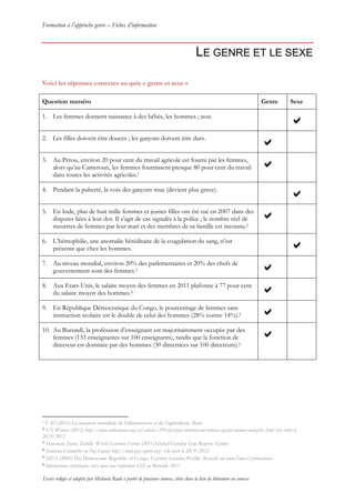 Formation à l’approche genre – Fiches d’information



                                                                                         LE GENRE ET LE SEXE

Voici les réponses correctes au quiz « genre et sexe »

Question numéro                                                                                                            Genre     Sexe

1. Les femmes donnent naissance à des bébés, les hommes ; non.


2. Les filles doivent être douces ; les garçons doivent être durs.


3. Au Pérou, environ 20 pour cent du travail agricole est fourni par les femmes,
   alors qu’au Cameroun, les femmes fournissent presque 80 pour cent du travail
   dans toutes les activités agricoles.1

4. Pendant la puberté, la voix des garçons mue (devient plus grave).


5. En Inde, plus de huit mille femmes et jeunes filles ont été tué en 2007 dans des
   disputes liées à leur dot. Il s’agit de cas signalés à la police ; le nombre réel de
   meurtres de femmes par leur mari et des membres de sa famille est inconnu.2

6. L’hémophilie, une anomalie héréditaire de la coagulation du sang, n’est
   présente que chez les hommes.

7. Au niveau mondial, environ 20% des parlementaires et 20% des chefs de
   gouvernement sont des femmes.3

8. Aux Etats-Unis, le salaire moyen des femmes en 2011 plafonne à 77 pour cent
   du salaire moyen des hommes.4

9. En République Démocratique du Congo, le pourcentage de femmes sans
   instruction scolaire est le double de celui des hommes (28% contre 14%).5

10. Au Burundi, la profession d’enseignant est majoritairement occupée par des
    femmes (133 enseignantes sur 100 enseignants), tandis que la fonction de
    directeur est dominée par des hommes (30 directrices sur 100 directeurs).6




1 FAO (2011) La situation mondiale de l’alimentation et de l’agriculture. Rome
2 UN Women (2012) http://www.endvawnow.org/en/articles/299-fast-facts-statistics-on-violence-against-women-and-girls-.html Site visité le
20/9/2012
3 Hausman, Tyson, Zahidi/ World Economic Forum (2011) Global Gender Gap Report. Genève
4 National Committee on Pay Equity http://www.pay-equity.org/ Site visité le 20/9/2012
5 SIDA (2009) The Democratic Republic of Congo. Country Gender Profile. Recueilli sur www.Sida.se/publications.
6 Informations statistiques citées dans une exposition GIZ au Burundi, 2011


Textes rédigés et adaptés par Michaela Raab à partir de plusieurs sources, citées dans la liste de littérature en annexe
 