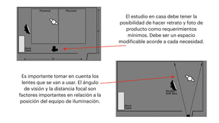 Es importante tomar en cuenta los
lentes que se van a usar. El ángulo
de visión y la distancia focal son
factores importantes en relación a la
posición del equipo de iluminación.
El estudio en casa debe tener la
posibilidad de hacer retrato y foto de
producto como requerimientos
mínimos. Debe ser un espacio
modificable acorde a cada necesidad.
 