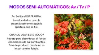 MODOS SEMI-AUTOMÁTICOS: Av / Tv / P
Av. Se fija el DIAFRAGMA.
La velocidad se calcula
automáticamente según la
apertura que se fije.
CUÁNDO USAR ESTE MODO?
Retrato para desenfocar el fondo.
Condiciones de luz cambiantes.
Foto de producto donde no es
importante el fondo.
 