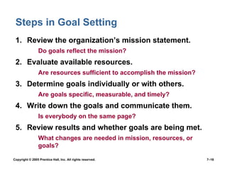 Steps in Goal Setting Review the organization’s mission statement. Do goals reflect the mission? Evaluate available resources. Are resources sufficient to accomplish the mission? Determine goals individually or with others. Are goals specific, measurable, and timely? Write down the goals and communicate them. Is everybody on the same page? Review results and whether goals are being met. What changes are needed in mission, resources, or goals? Copyright © 2005 Prentice Hall, Inc. All rights reserved.  7– 