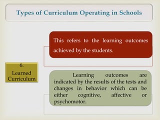 This refers to the learning outcomes
achieved by the students.
Learning outcomes are
indicated by the results of the tests and
changes in behavior which can be
either cognitive, affective or
psychomotor.
6.
Learned
Curriculum
 