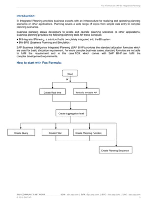 Fox Formula in SAP BI Integrated Planning
SAP COMMUNITY NETWORK SDN - sdn.sap.com | BPX - bpx.sap.com | BOC - boc.sap.com | UAC - uac.sap.com
© 2010 SAP AG 3
Introduction:
BI Integrated Planning provides business experts with an infrastructure for realizing and operating planning
scenarios or other applications. Planning covers a wide range of topics from simple data entry to complex
planning scenarios.
Business planning allows developers to create and operate planning scenarios or other applications.
Business planning provides the following planning tools for these purposes:
● BI Integrated Planning, a solution that is completely integrated into the BI system
● BW-BPS (Business Planning and Simulation)
SAP Business Intelligence Integrated Planning (SAP BI-IP) provides the standard allocation formulas which
are used for basic allocation requirement. For more complex business cases, standard formulas are not able
to fulfill the requirement and in this case FOX which comes with SAP BI-IP can fulfill the
complex development requirements.
How to start with Fox Formula:
or
Create Filter Create Planning Function
Create Planning Sequence
Create Query
Start
Create Real time
cube
Partially writable MP
Create Aggregation level
 