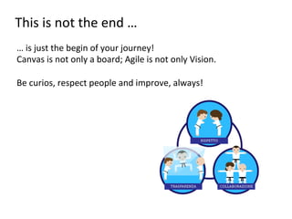 This	
  is	
  not	
  the	
  end	
  …	
  
…	
  is	
  just	
  the	
  begin	
  of	
  your	
  journey!	
  
Canvas	
  is	
  not	
  only	
  a	
  board;	
  Agile	
  is	
  not	
  only	
  Vision.	
  
	
  
Be	
  curios,	
  respect	
  people	
  and	
  improve,	
  always!	
  	
  
 