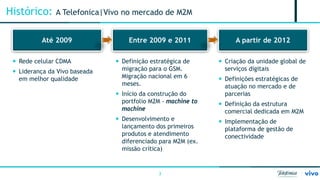 3 
Histórico: A Telefonica|Vivo no mercado de M2M 
Até 2009 
 
Rede celular CDMA 
 
Liderança da Vivo baseada em melhor qualidade 
Entre 2009 e 2011 
 
Definição estratégica de migração para o GSM. Migração nacional em 6 meses. 
 
Início da construção do portfolio M2M - machine to machine 
 
Desenvolvimento e lançamento dos primeiros produtos e atendimento diferenciado para M2M (ex. missão crítica) 
A partir de 2012 
 
Criação da unidade global de serviços digitais 
 
Definições estratégicas de atuação no mercado e de parcerias 
 
Definição da estrutura comercial dedicada em M2M 
 
Implementação de plataforma de gestão de conectividade  