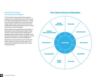 Future Forces Theory:
The 11 Macro Sources of Disruption
FTI’s Future Forces Theory explains how disruption
usually stems from influential sources of macro change.
It is a way of understanding where disruption is coming
from and where it’s headed next. The sources of macro
change represent external uncertainties—factors that
broadly affect business, governing and society. They can
skew positive, neutral and negative.
We use a simple tool to apply the future forces theory to
organizations as they are developing strategic thinking
on trends. It lists 11 sources of macro change that are
typically outside of a leader’s control. For example: as we
think about the evolution of artificial intelligence, how will
geopolitics and infrastructure impact development?
Organizations must pay attention to all 11 as they track
trends. Leaders must connect the dots back to their
industries and companies and position teams to take
incremental actions.
© 2020 FUTURE TODAY INSTITUTE
The 11 Macro Sources of Disruption
Technology
EducationWealth
Distribution
Infrastructure
Government
Media &
Telecommunications
GeopoliticsDemographics
Environment
Economy
Public
Health
 