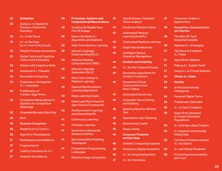 25
32 	 Enterprise
32 	 Using A.I. to Speed the 		
	 Process of Scientific
	Discovery
32 	 A.I. in the Cloud
33 	 A.I. at the Edge
	 (or A.I. Not in the Cloud)
33 	 Robotic Process Automation
33 	 Digital Twins and Cognitive
	 Twins in the Enterprise
33	 Robots with Cognitive Skills
33 	 Advanced A.I. Chipsets
34 	 Serverless Computing
34 	 Proprietary, Homegrown
	 A.I. Languages
34 	 Proliferation of
	Franken-Algorithms
35 	 Companies Manipulating A.I. 	
	 Systems for Competitive 	
	Advantage
35 	 CorporateBiometricSpoofing
35 	Bots
36 	 Business Ecosystem
36 	 Global Rush to Fund A.I.
36 	 Algorithm Marketplaces
37 	 Marketplace Consolidation
37 	Fragmentation
37 	 Liability Insurance for A.I.
37 	 Ambient Surveillance
38 	 Processes, Systems and
	 Computational Neuroscience
38 	 Creating 3D Models from 	
	 Flat 2D Images
38 	 Neuro-Symbolic A.I.
	 Algorithms and Systems
38 	 Real-Time Machine Learning
39 	 Natural Language
	 Understanding (NLU)
39 	 Machine Reading
	 Comprehension (MRC)
39 	 Natural Language
	 Generation (NLG)
40 	 Real-Time Context in
	 Machine Learning
40 	 General Reinforcement 		
	 Learning Algorithms
40 	 Deep Learning Scales
40 	 Faster and More Powerful 	
	 Open Source Frameworks
40 	 Reinforcement Learning 	
	 and Hierarchical RL
41 	 Continuous Learning
41 	 Multitask Learning
41 	 Generative Adversarial
	 Networks (GANs)
41	 New Generative Modeling 	
	Techniques
41 	 Probabilistic Programming 	
	Languages
41 	 Machine Image Completion
42 	 Hybrid Human-Computer 	
	 Vision Analysis
43 	 Predictive Machine Vision
43 	 Automated Machine
	 Learning (AutoML)
43 	 Customized Machine Learning
43 	 Graph Neural Networks
43 	 Intelligent Optical
	 Character Recognition
44 	 Content and Creativity
44 	 A.I. for the Creative Process
44	 Generative Algorithms for 	
	 Content Production
44 	 Generating Virtual
	 Environments from
	 Short Videos
44 	 Automated Versioning
44 	 Automatic Voice Cloning 	
	 and Dubbing
45 	 Spotting Machine-Written 	
	Text
45 	 Algorithmic Fact Checking
45 	 Datamining Crowds
45 	 Deep Linking
46 	 Consumer Products
	 and Services
46 	 Ambient Computing Expands
46 	 Ubiquitous Digital Assistants
46 	 A.I. for Drug Development
47 	 A.I. for Interviews
47 	 Consumer-Grade A.I.
	Applications
49 	 Geopolitics, Geoeconomics 	
	 and Warfare
49 	 The New Mil-Tech
	 Industrial Complex
49 	 National A.I. Strategies
51 	 The Race to Establish
	 A.I. Rules
51 	 Algorithmic Warfare
51 	 Making A.I. Explain Itself
51 	 Using A.I. in Critical Systems
52 	 China’s A.I. Rules
54 	Society
54 	 Artificial Emotional
	Intelligence
54 	 Personal Digital Twins
54 	 Problematic Data Sets
55 	 A.I. to Catch Cheaters
55 	 Algorithms Designed
	 to Target Vulnerable
	Populations
55 	 A.I. Still Has a Bias Problem
55 	 A.I. Systems Intentionally
	 Hiding Data
56 	 The Rise of Undocumented
	 A.I. Accidents
56 	 A.I. and Digital Dividends
56 	 Prioritizing Accountability
	 and Trust
 