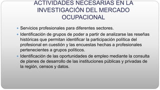 ACTIVIDADES NECESARIAS EN LA
INVESTIGACIÓN DEL MERCADO
OCUPACIONAL
 Servicios profesionales para diferentes sectores.
 Identificación de grupos de poder a partir de analizarse las reseñas
históricas que permitan identificar la participación política del
profesional en cuestión y las encuestas hechas a profesionales
pertenecientes a grupos políticos.
 Identificación de las oportunidades de empleo mediante la consulta
de planes de desarrollo de las instituciones públicas y privadas de
la región, censos y datos.
 