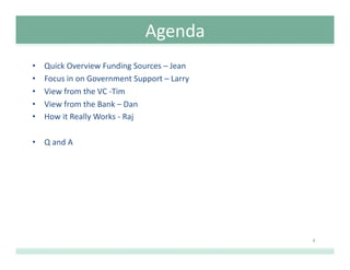 Agenda	
  
•  Quick	
  Overview	
  Funding	
  Sources	
  –	
  Jean	
  
•  Focus	
  in	
  on	
  Government	
  Support	
  –	
  Larry	
  
•  View	
  from	
  the	
  VC	
  -­‐Tim	
  
•  View	
  from	
  the	
  Bank	
  –	
  Dan	
  
•  How	
  it	
  Really	
  Works	
  -­‐	
  Raj	
  
•  Q	
  and	
  A	
  
4	
  
 