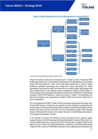 Future Watch – Strategy Brief
17
Figure 2 Waste Disposal Process and Management in Taiwan (2017)
Source: Environmental Protection Administration, 2018
There have been a total of 24 incinerators built in Taiwan. In 2017, Taiwanese EfW
facilities generated over 3,187,515kWh of electricity from 6,266,855tons of Incinerated
waste. EfW accounted for 1.24% of the total power generation in Taiwan. Waste
treatment incinerator technology and energy from waste technology are highly
specialised. Governments around the world tend to employ mature technologies that
have already proven to be effective waste management solutions. EfW facilities in
Taiwan largely rely on patented technology and equipment imported from industrialised
countries. Current EfW facilities in Taiwan are shown in Table 5. The full details and
the list of companies and organisations involved in EfW can be found in Appendix IV
and V respectively.
For the development of EfW, Taiwan intend to leverage international technology with
nascent EfW industry. Companies are expected to have experience cooperating with
governments to improve local understanding of waste incineration technology and the
impact it will have on their community and more importantly to help further develop
Taiwan’s domestic EfW industry. Any foreign company or local-foreign partnership is
encouraged to participate in Taiwan.
In an attempt to improve the efficiency of old incinerators and to diversify waste
treatment options, the EPA deployed the Diversified Waste Treatment Plan in 2017. It
is to be implemented over six years (from 2017 to 2022) with a budget of NT$15.342
billion from the central and local governments. According to the Diversified Waste
Treatment Plan, there are NT$9 billion allocated for the upgrading of incinerators and
Total waste in 2017:
27.23 million metric
tons
General waste
generated:7.87
million metric tons
(29%)
Other :3.09 miilion
metric tons (40%)
Landfill (1%)
Incineration (39%)
Recyclable
waste:4.18 million
metric tons (53%)
Recycling and
Reused (60%)
Food wasted:0.55
million metric tons
(7%)
Industrial waste
generated: 19.36
million metric tons
(71%)
Industry 87.93%
Medical 0.54%
Construction
8.68%
Aguriculture 0.86%
Resuded (80%)
Disposal (16%)
Exported (0.07%)Traffic 0.22%
Education 0.03%
National defense
0.01%
Others 1.73%
 