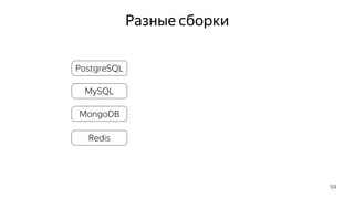 Разные сборки
59
PostgreSQL
MySQL
MongoDB
Redis
 