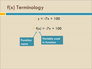 f(x) Terminology y = -7x + 100 f(x) = -7x + 100 Function name Variable used in function 