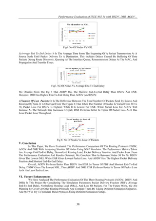 Performance Evaluation of IEEE 802.11 with DSDV, DSR, AODV...




                                      Fig6. No Of Nodes Vs NRL

3)Average End To End Delay: It Is The Average Time From The Beginning Of A Packet Transmission At A
Source Node Until Packet Delivery To A Destination. This Includes Delays Caused By Buffering Of Data
Packets During Route Discovery, Queuing At The Interface Queue, Retransmission Delays At The MAC, And
Propagation And Transfer Times.




                            Fig7. No Of Nodes Vs Average End To End Delay

We Observe From The Fig 7 That AODV Has The Shortest End-To-End Delay Than DSDV And DSR.
However, DSR Has Highest End-To-End Delay Than AODV And DSDV.

4)Number Of Lost Packets: It Is The Difference Between The Total Number Of Packets Send By Source And
Received By Sink. It Is Observed From The Figure 8 That When The Number Of Nodes Is Varied From 30 To
70, Packet Loss For DSDV Is Highest; While It Is Lowest For DSR. While Packet Loss For AODV Will
Increase As The Network Size Increases. Overall, DSR Performs Better In Terms Of Packet Loss As It Has
Least Packet Loss Throughout.




                                 Fig 8: No Of Nodes Vs Loss Of Packets
V. Conclusion
         In This Paper, We Have Evaluated The Performance Comparison Of The Routing Protocols DSDV,
AODV And DSR With Increasing Number Of Nodes Using NS-2 Simulator. The Performance Metrics Taken
Are Average End-To-End Delay, Normalized Routing Load, Packet Delivery Fraction, And Packet Loss. From
The Performance Evaluation And Results Obtained, We Conclude That In Between Nodes 30 To 70. DSDV
Gives The Lowest NRL While DSR Gives Lowest Packet Loss. And AODV Has The Highest Packet Delivery
Fraction And Shortest End-To-End Delay.
         Overall, AODV Performs Better Than DSDV And DSR In Terms Of PDF And Shortest End-To-End
Delay. DSDV Gives The Lowest NRL, Than AODV And DSR. DSR Performs Better In Terms Of Packet Loss
As It Has Least Packet Loss.

VI. Future Enhancement
        We Have Analyzed The Performance Evaluation Of The Three Routing Protocols (AODV, DSDV And
DSR) In This Project By Considering The Simulation Parameters Packet Delivery Fraction (PDF), Average
End-To-End Delay, Normalized Routing Load (NRL), And Loss Of Packets. For The Future Work, We Are
Planning To Cover Up Other Routing Protocols And Compare Them By Taking Different Simulation Scenarios.
And We Will Try To Simulate These Protocols Using Different Simulation Setups.



                                                  38
 