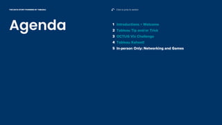 ↶ Click to jump to section
Agenda 1 Introductions + Welcome
2 Tableau Tip and/or Trick
3 OCTUG Viz Challenge
4 Tableau Kahoot!
5 In-person Only: Networking and Games
THE DATA STORY POWERED BY TABLEAU
 