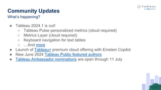 Community Updates
● Tableau 2024.1 is out!
○ Tableau Pulse personalized metrics (cloud required)
○ Metrics Layer (cloud required)
○ Keyboard navigation for text tables
○ …And more
● Launch of Tableau+ premium cloud offering with Einstein Copilot
● New June 2024 Tableau Public featured authors
● Tableau Ambassador nominations are open through 11 July
What’s happening?
 