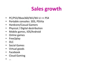 Sales growth
•   PC/PS3/Xbox360/Wii/Wii U => PS4
•   Portable consoles: 3DS, PSVita
•   Hardcore/Casual Gamers
•   Physical / Digital destribution
•   Mobile games, IOS/Android
•   Online games
•   Free2play
•   DLC
•   Social Games
•   Virtual goods
•   Facebook
•   Cloud Gaming
•   …
 