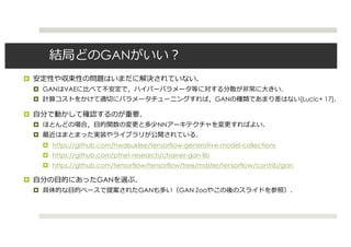 結局どのGANがいい？
¤ 安定性や収束性の問題はいまだに解決されていない．
¤ GANはVAEに⽐べて不安定で，ハイパーパラメータ等に対する分散が⾮常に⼤きい．
¤ 計算コストをかけて適切にパラメータチューニングすれば，GANの種類であまり差はない[Lucic+ 17]．
¤ ⾃分で動かして確認するのが重要．
¤ ほとんどの場合，⽬的関数の変更と多少NNアーキテクチャを変更すればよい．
¤ 最近はまとまった実装やライブラリが公開されている．
¤ https://github.com/hwalsuklee/tensorflow-generative-model-collections
¤ https://github.com/pfnet-research/chainer-gan-lib
¤ https://github.com/tensorflow/tensorflow/tree/master/tensorflow/contrib/gan
¤ ⾃分の⽬的にあったGANを選ぶ．
¤ 具体的な⽬的ベースで提案されたGANも多い（GAN Zooやこの後のスライドを参照）．
 