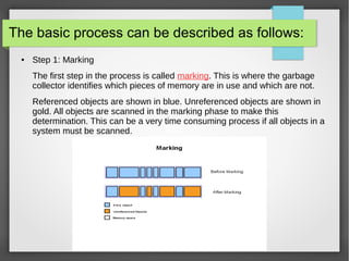 The basic process can be described as follows:
● Step 1: Marking
The first step in the process is called marking. This is where the garbage
collector identifies which pieces of memory are in use and which are not.
Referenced objects are shown in blue. Unreferenced objects are shown in
gold. All objects are scanned in the marking phase to make this
determination. This can be a very time consuming process if all objects in a
system must be scanned.
 