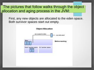 The pictures that follow walks through the object
allocation and aging process in the JVM:
First, any new objects are allocated to the eden space.
Both survivor spaces start out empty.
 