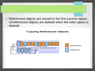 ● Referenced objects are moved to the first survivor space.
Unreferenced objects are deleted when the eden space is
cleared.
 