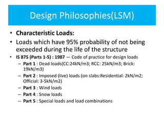 Design Philosophies(LSM)
• Characteristic Loads:
• Loads which have 95% probability of not being
exceeded during the life of the structure
• IS 875 (Parts 1-5) : 1987 — Code of practice for design loads
– Part 1 : Dead loads(CC:24kN/m3; RCC: 25kN/m3; Brick:
19kN/m3)
– Part 2 : Imposed (live) loads (on slabs:Residential: 2kN/m2;
Official: 3-5kN/m2)
– Part 3 : Wind loads
– Part 4 : Snow loads
– Part 5 : Special loads and load combinations
 