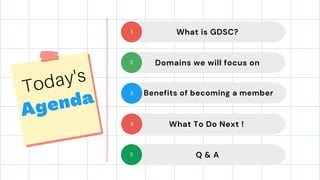 What is GDSC?
1
Today's
Agenda
Domains we will focus on
2
Benefits of becoming a member
3
What To Do Next !
4
Q & A
5
 