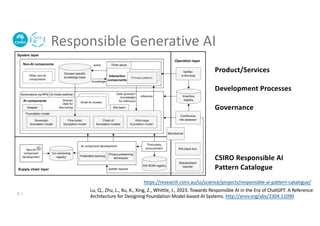 Responsible Generative AI
6 |
Lu, Q., Zhu, L., Xu, X., Xing, Z., Whittle, J., 2023. Towards Responsible AI in the Era of ChatGPT: A Reference
Architecture for Designing Foundation Model-based AI Systems. http://arxiv.org/abs/2304.11090
Product/Services
Development Processes
Governance
https://research.csiro.au/ss/science/projects/responsible-ai-pattern-catalogue/
CSIRO Responsible AI
Pattern Catalogue
 