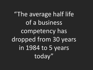 “The average half life
of a business
competency has
dropped from 30 years
in 1984 to 5 years
today”
 