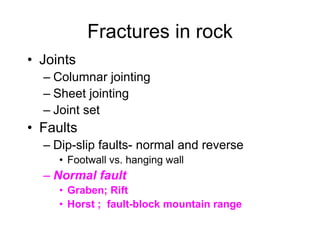 Fractures in rock
• Joints
– Columnar jointing
– Sheet jointing
– Joint set

• Faults
– Dip-slip faults- normal and reverse
• Footwall vs. hanging wall

– Normal fault
• Graben; Rift
• Horst ; fault-block mountain range

 