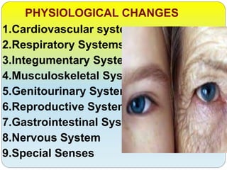 PHYSIOLOGICAL CHANGES
1.Cardiovascular system
2.Respiratory Systems
3.Integumentary System
4.Musculoskeletal System
5.Genitourinary Systems
6.Reproductive System
7.Gastrointestinal System
8.Nervous System
9.Special Senses
 