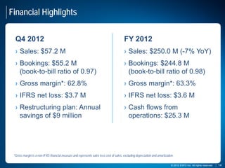 Financial Highlights


  Q4 2012                                                                               FY 2012
  › Sales: $57.2 M                                                                      › Sales: $250.0 M (-7% YoY)
  › Bookings: $55.2 M                                                                   › Bookings: $244.8 M
    (book-to-bill ratio of 0.97)                                                          (book-to-bill ratio of 0.98)
  › Gross margin*: 62.8%                                                                › Gross margin*: 63.3%
  › IFRS net loss: $3.7 M                                                               › IFRS net loss: $3.6 M
  › Restructuring plan: Annual                                                          › Cash flows from
    savings of $9 million                                                                 operations: $25.3 M




 *Gross margin is a non-IFRS financial measure and represents sales less cost of sales, excluding depreciation and amortization.

                                                                                                                              © 2012 EXFO Inc. All rights reserved.
                                                                                                                                2010                      reserved..   14
                                                                                                                                                                       14
 