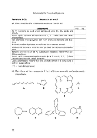 Solutions to the Theoretical Problems
22
Problem 3-09 Aromatic or not?
a) Check whether the statements below are true or not.
Statements yes no
At rt* benzene is inert when combined with Br2, H2, acids and
KMnO4
Planar cyclic systems with 4n (n = 0, 1, 2, …) electrons are called
antiaromatic
Non aromatic cyclic polyenes can form aromatic dianions and dica-
tions
Aromatic carbon hydrates are referred to as arenes as well.
Nucleophilic aromatic substitutions proceed in a three-step mecha-
nism
Benzene undergoes at 25 °C substitution reactions rather than ad-
dition reactions
Planar cyclic conjugated systems with 4n + 2 (n = 0, 1, 2, …) delo-
calized electrons are called aromatic
Losing aromaticity means that the aromatic smell of a compound is
lost by evaporating
(*rt = room temperature)
b) Mark those of the compounds A to L which are aromatic and antiaromatic,
respectively.
CH2
H2C
N
NH N
HN
H
A B
C
D
N
N
O
E F
S
H
N
G H
 