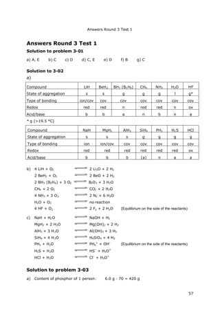 Answers Round 3 Test 1
57
Answers Round 3 Test 1
Solution to problem 3-01
a) A, E b) C c) D d) C, E e) D f) B g) C
Solution to 3-02
a)
Compound LiH BeH2 BH3 (B2H6) CH4 NH3 H2O HF
State of aggregation s s g g g l g*
Type of bonding ion/cov cov cov cov cov cov cov
Redox red red n red red n ox
Acid/base b b a n b n a
* g (>19.5 °C)
Compound NaH MgH2 AlH3 SiH4 PH3 H2S HCl
State of aggregation s s s g g g g
Type of bonding ion ion/cov cov cov cov cov cov
Redox red red red red red red ox
Acid/base b b b (a) n a a
b) 4 LiH + O2 2 Li2O + 2 H2
2 BeH2 + O2 2 BeO + 2 H2
2 BH3 (B2H6) + 3 O2 B2O3 + 3 H2O
CH4 + 2 O2 CO2 + 2 H2O
4 NH3 + 3 O2 2 N2 + 6 H2O
H2O + O2 no reaction
4 HF + O2 2 F2 + 2 H2O (Equilibrium on the side of the reactants)
c) NaH + H2O NaOH + H2
MgH2 + 2 H2O Mg(OH)2 + 2 H2
AlH3 + 3 H2O Al(OH)3 + 3 H2
SiH4 + 4 H2O H4SiO4 + 4 H2
PH3 + H2O PH4
+
+ OH–
(Equilibrium on the side of the reactants)
H2S + H2O HS
–
+ H3O
+
HCl + H2O Cl
–
+ H3O
+
Solution to problem 3-03
a) Content of phosphor of 1 person: 6.0 g ∙70 = 420 g
 