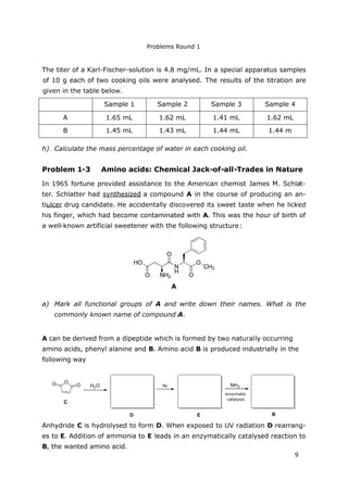 Problems Round 1
9
The titer of a Karl-Fischer-solution is 4.8 mg/mL. In a special apparatus samples
of 10 g each of two cooking oils were analysed. The results of the titration are
given in the table below.
Sample 1 Sample 2 Sample 3 Sample 4
A 1.65 mL 1.62 mL 1.41 mL 1.62 mL
B 1.45 mL 1.43 mL 1.44 mL 1.44 m
h) Calculate the mass percentage of water in each cooking oil.
Problem 1-3 Amino acids: Chemical Jack-of-all-Trades in Nature
In 1965 fortune provided assistance to the American chemist James M. Schlat-
ter. Schlatter had synthesized a compound A in the course of producing an an-
tiulcer drug candidate. He accidentally discovered its sweet taste when he licked
his finger, which had become contaminated with A. This was the hour of birth of
a well-known artificial sweetener with the following structure:
A
a) Mark all functional groups of A and write down their names. What is the
commonly known name of compound A.
A can be derived from a dipeptide which is formed by two naturally occurring
amino acids, phenyl alanine and B. Amino acid B is produced industrially in the
following way
OO O hv NH3
enzymatische
Katalyse
C
D E B
H2O
Anhydride C is hydrolysed to form D. When exposed to UV radiation D rearrang-
es to E. Addition of ammonia to E leads in an enzymatically catalysed reaction to
B, the wanted amino acid.
enzymatic
catalysis
 